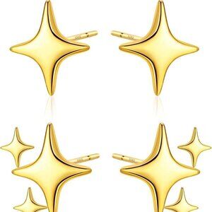2 Pairs 14K Gold Plated Sterling Silver Post Star Earrings